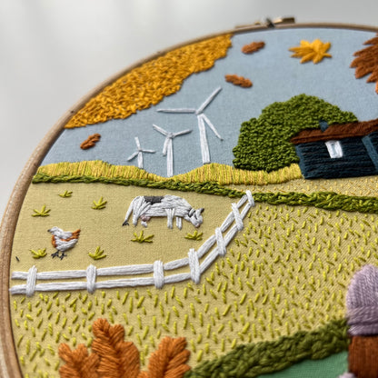 Fall Farm landscape. Hand embroidery pattern PDF