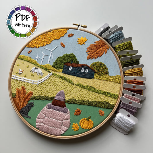 Fall Farm landscape. Hand embroidery pattern PDF