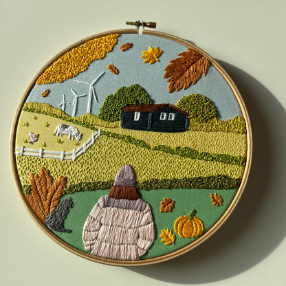 Fall Farm landscape. Hand embroidery pattern PDF