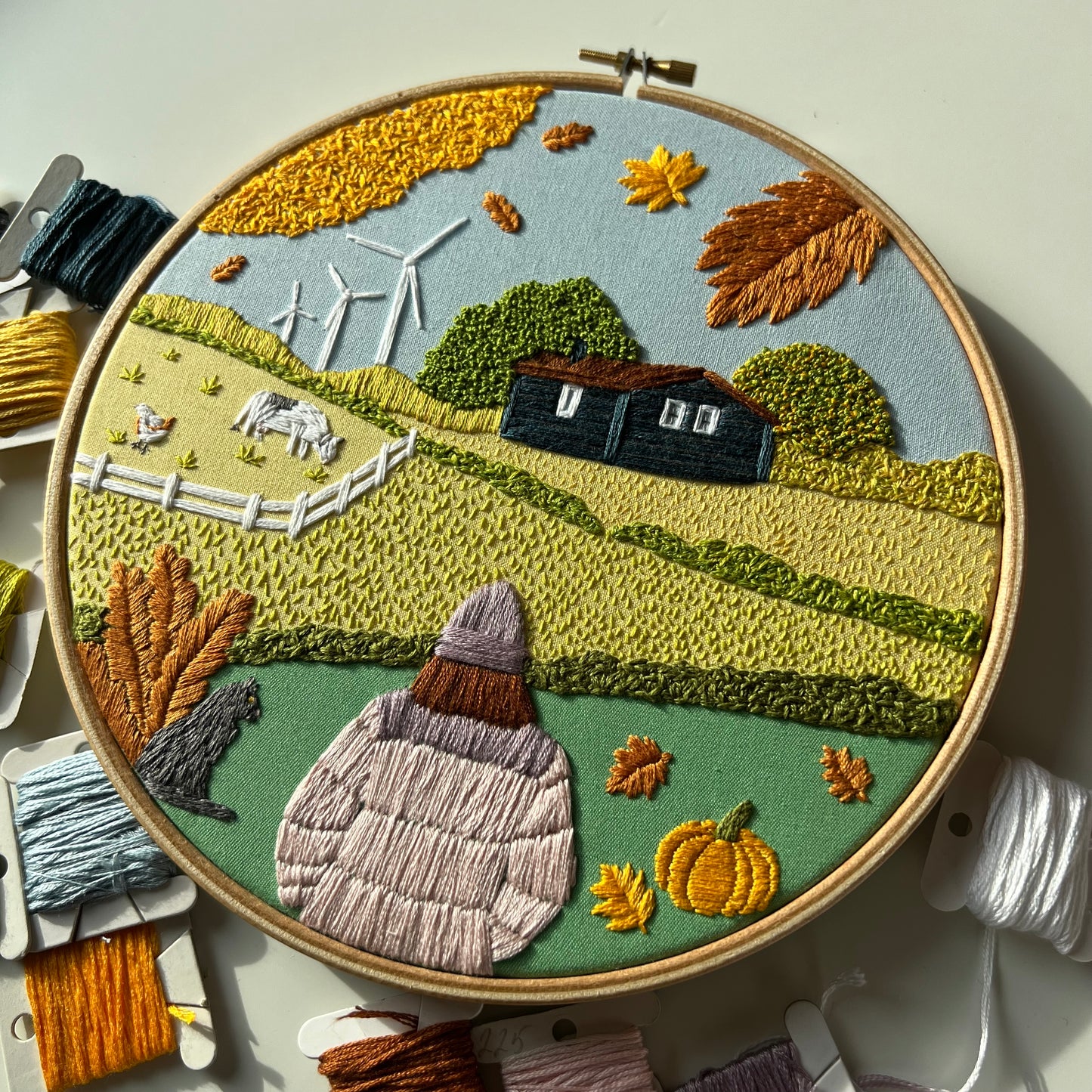 Fall Farm landscape. Hand embroidery pattern PDF