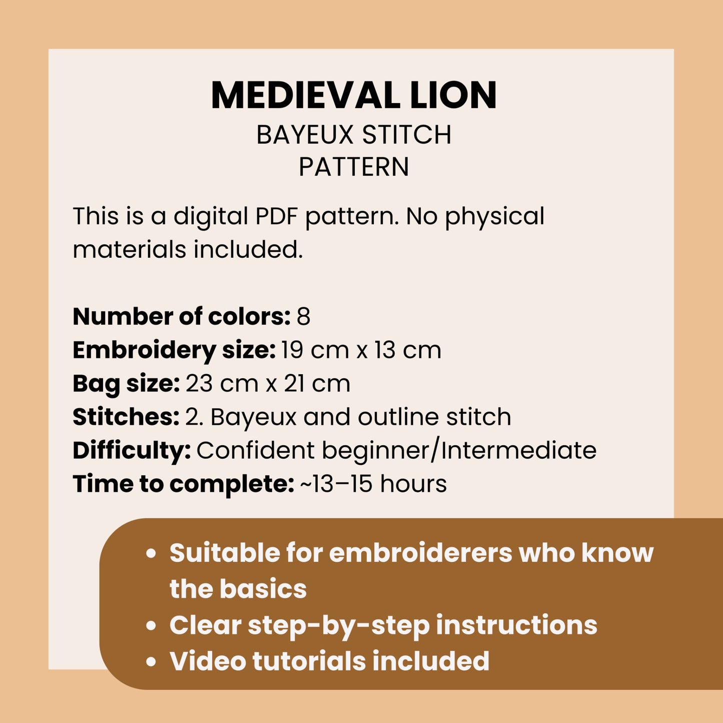 Medieval Lion - Hand Embroidery Pattern (PDF). Bayeux Stitch + Embroidery Project Bag Tutorial