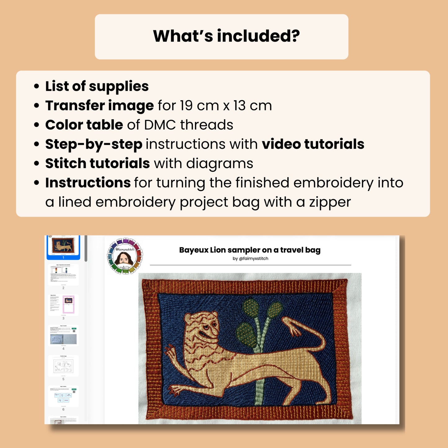 Medieval Lion - Hand Embroidery Pattern (PDF). Bayeux Stitch + Embroidery Project Bag Tutorial