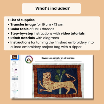 Medieval Lion - Hand Embroidery Pattern (PDF). Bayeux Stitch + Embroidery Project Bag Tutorial