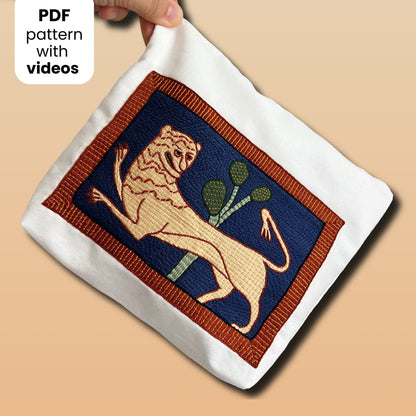 Medieval Lion - Hand Embroidery Pattern (PDF). Bayeux Stitch + Embroidery Project Bag Tutorial