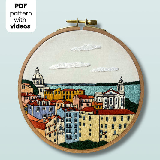 Lisbon, Portugal, Skyline - Hand Embroidery Pattern (PDF)