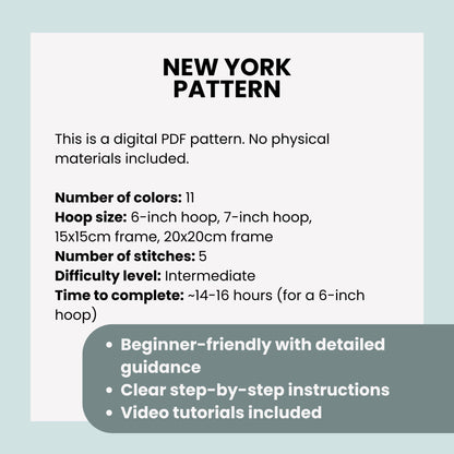 New York, NY, Skyline - Hand Embroidery Pattern (PDF)