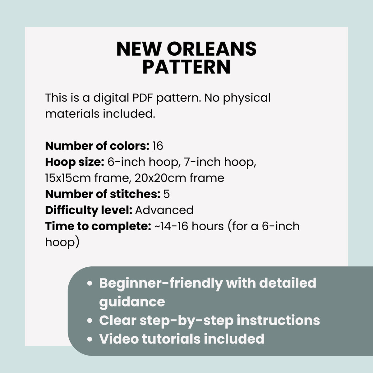 New Orleans, LA, Cityscape - Hand Embroidery Pattern (PDF)