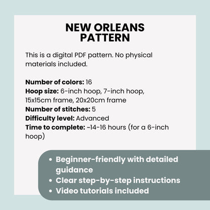New Orleans, LA, Cityscape - Hand Embroidery Pattern (PDF)