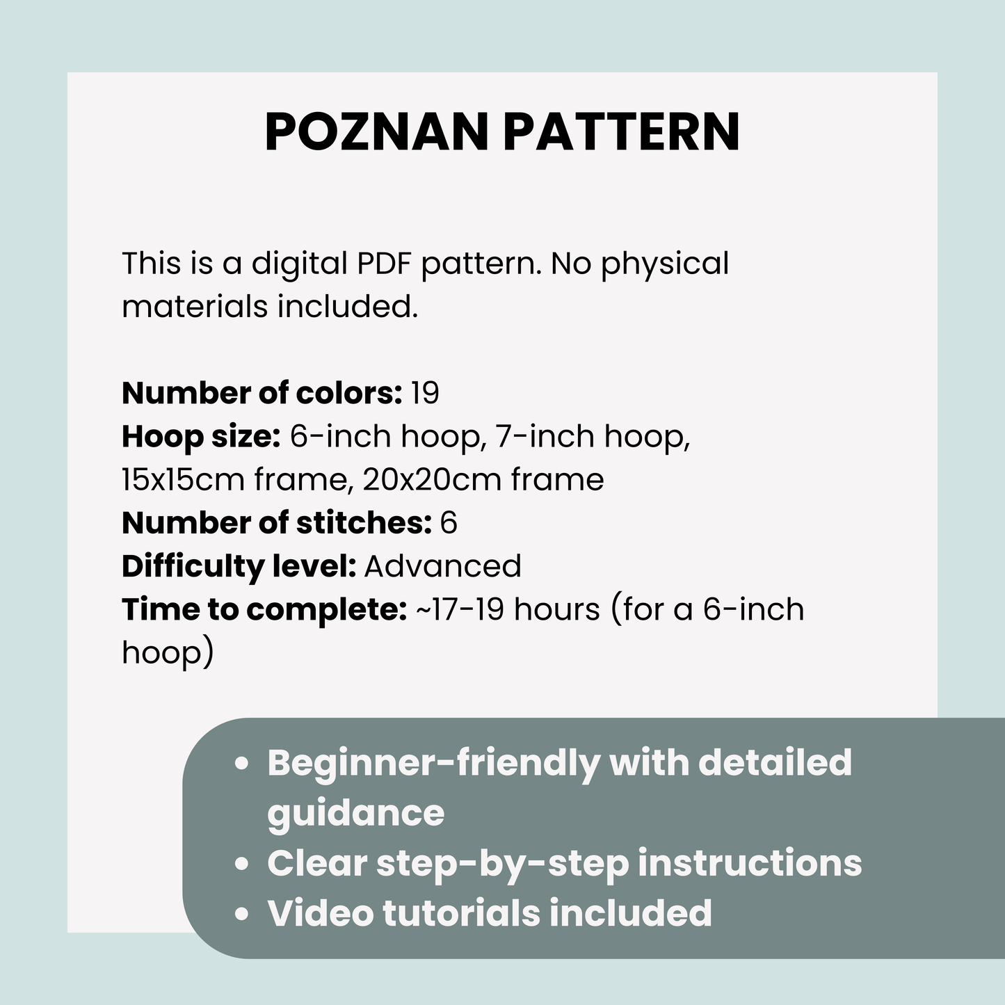 Digital PDF pattern information for 'Poznan Pattern' on a light blue background