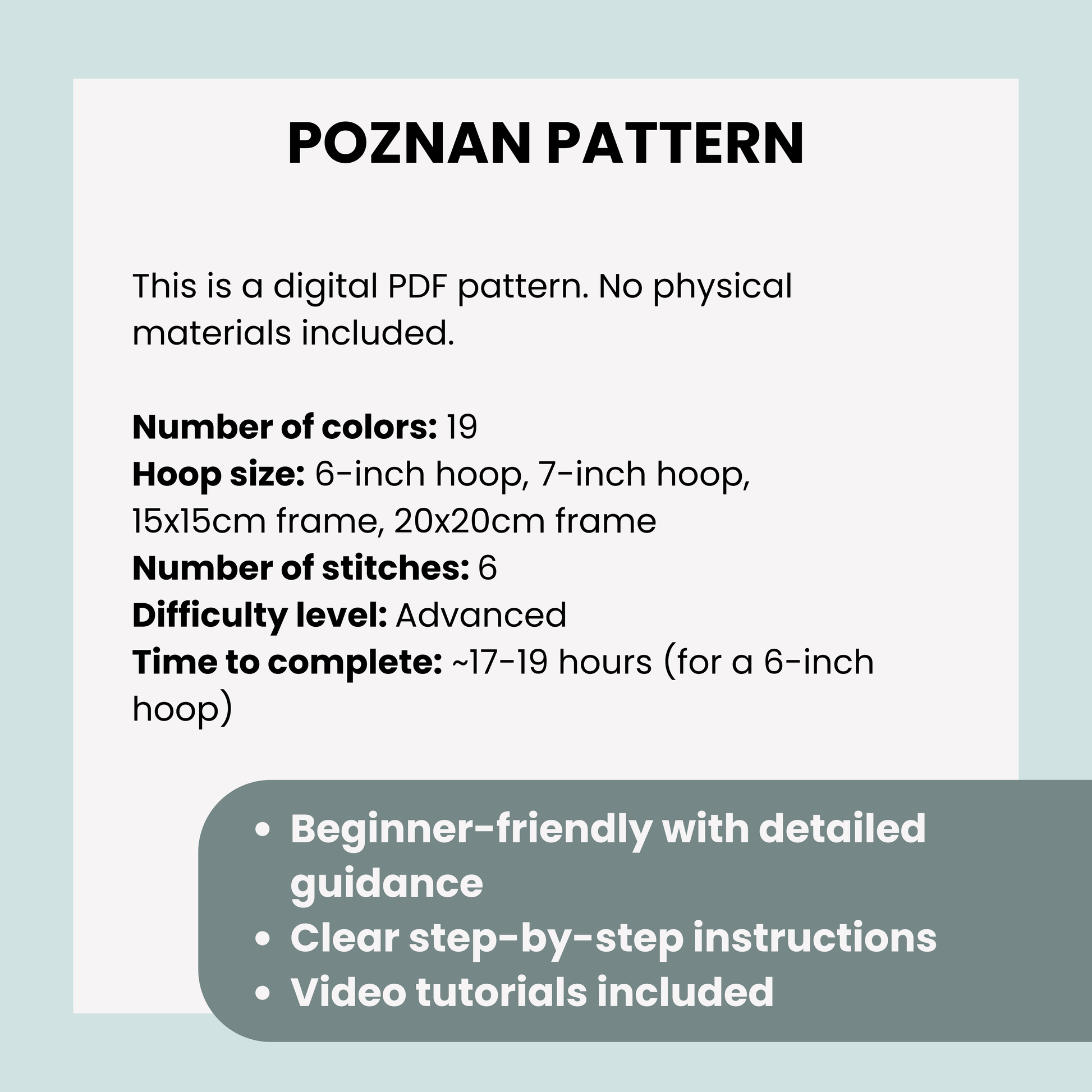 Digital PDF pattern information for 'Poznan Pattern' on a light blue background