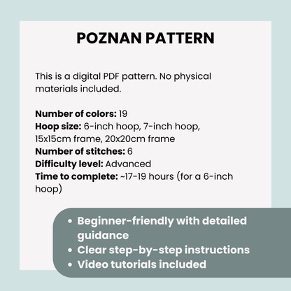 Digital PDF pattern information for 'Poznan Pattern' on a light blue background