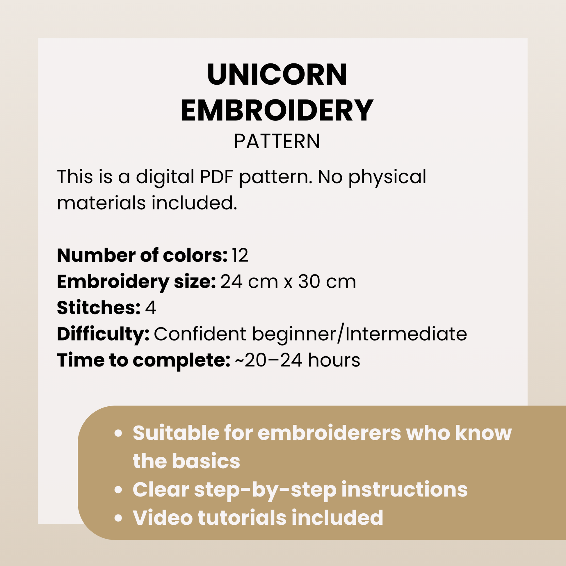 Digital PDF embroidery pattern information on a beige background