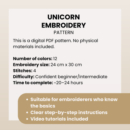 Digital PDF embroidery pattern information on a beige background