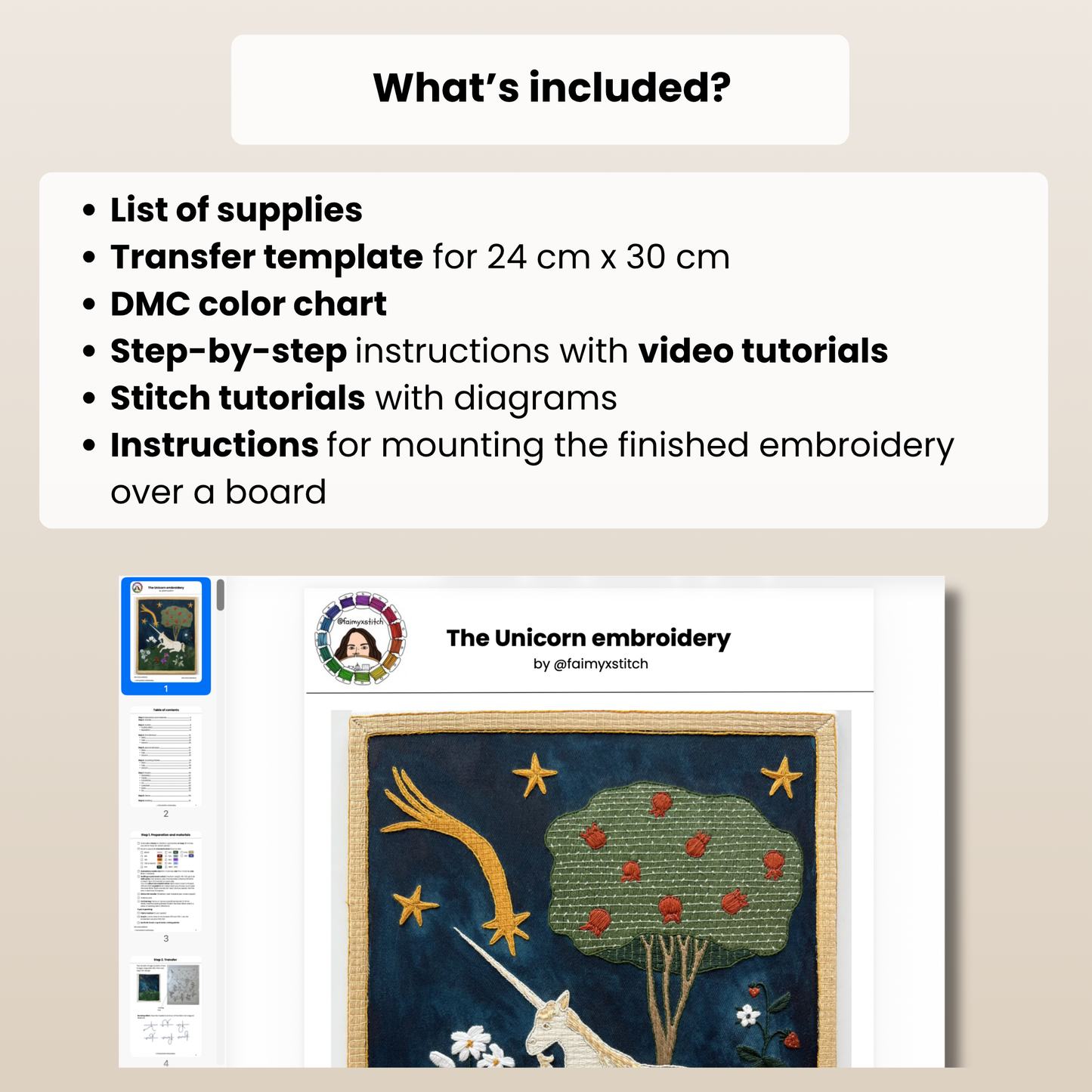 Embroidery pattern with transfer template, color chart, and video tutorials on a beige background.