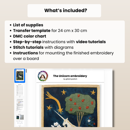 Embroidery pattern with transfer template, color chart, and video tutorials on a beige background.