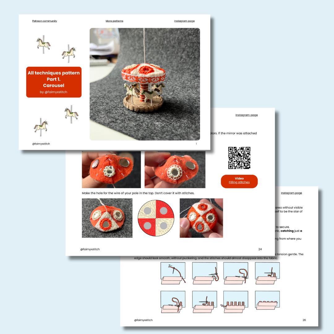 Educational materials from the Carousel hand embroidery pattern on a light blue background