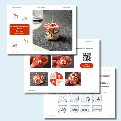 Educational materials from the Carousel hand embroidery pattern on a light blue background