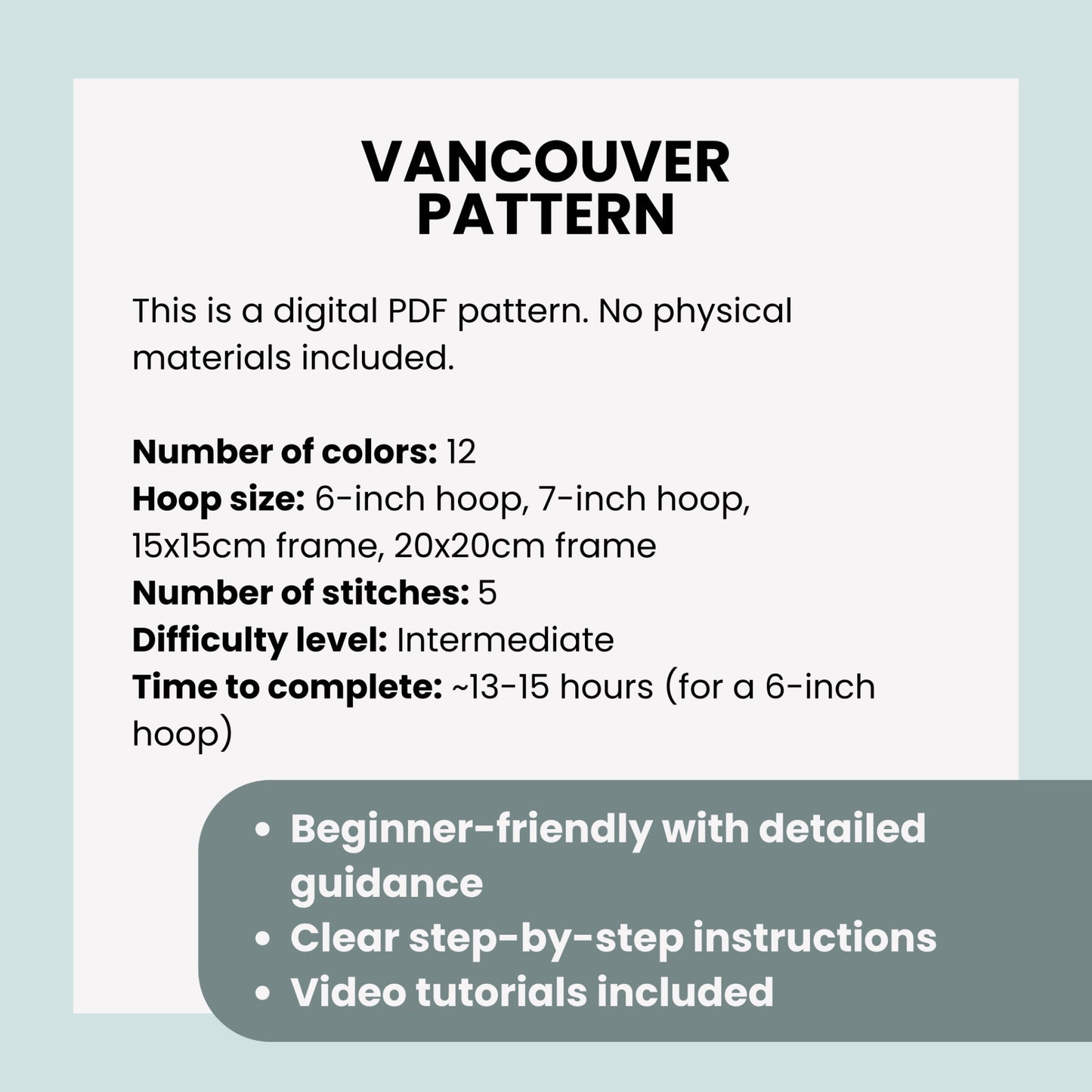 Vancouver, Canada, Cityscape - Hand Embroidery Pattern (PDF)