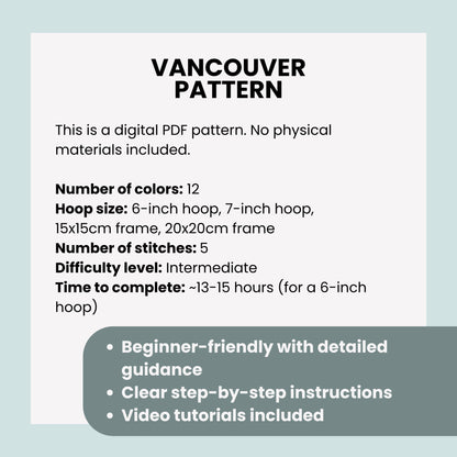 Vancouver, Canada, Cityscape - Hand Embroidery Pattern (PDF)
