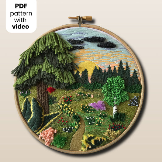 Forest Landscape with 3D elements - Hand Embroidery Pattern (PDF)