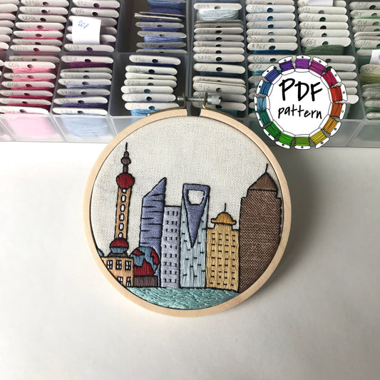 Shanghai, China, Cityscape - Hand Embroidery Pattern (PDF)
