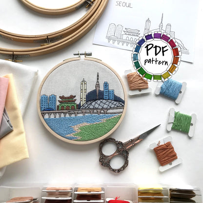 Seoul, South Korea, Cityscape - Hand Embroidery Pattern (PDF)
