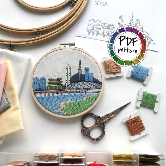 Seoul, South Korea, Cityscape - Hand Embroidery Pattern (PDF)