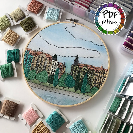 Prague, Czech Republic, Mixed Media - Hand Embroidery Pattern (PDF)