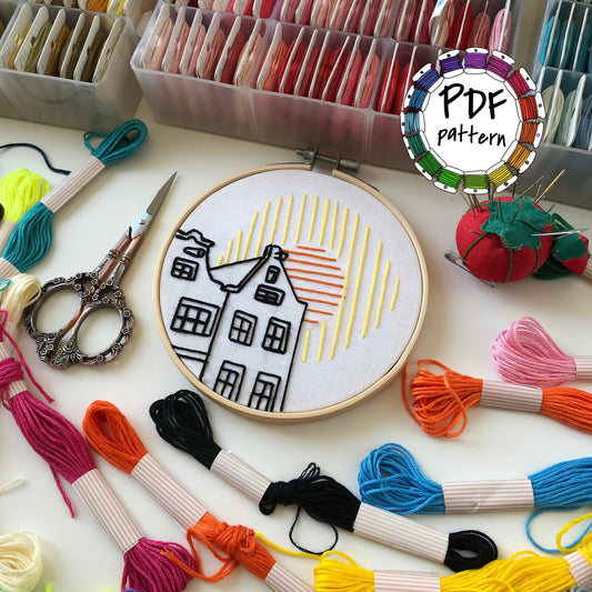 Houses and Sun, Architecture - Hand Embroidery Pattern (PDF)
