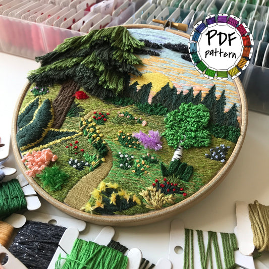 Forest Landscape with 3D elements - Hand Embroidery Pattern (PDF)