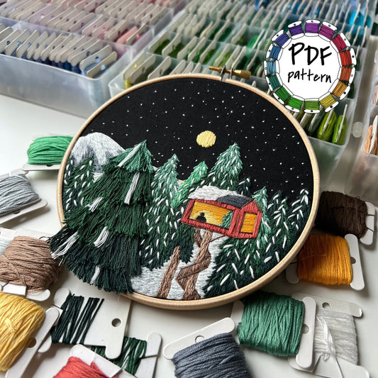 Treehouse in winter forest - Hand Embroidery Pattern (PDF)