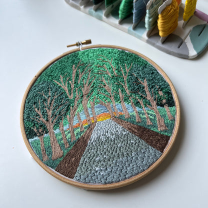 Trees, Road, and Sunset - Hand Embroidery Pattern (PDF)