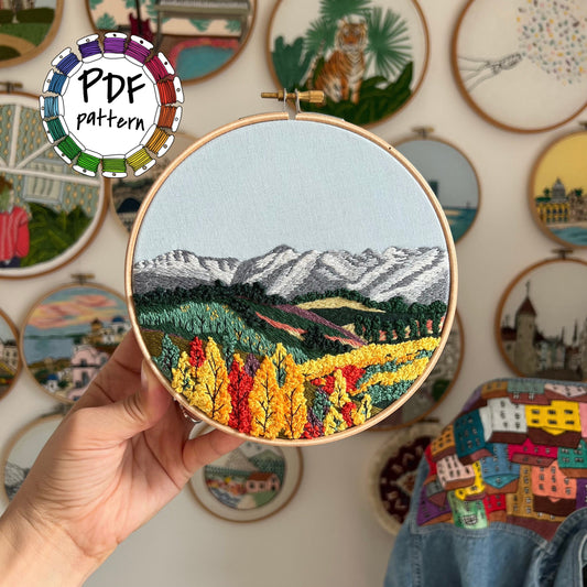 Mountain range in Fall, Landscape - Hand Embroidery Pattern (PDF)
