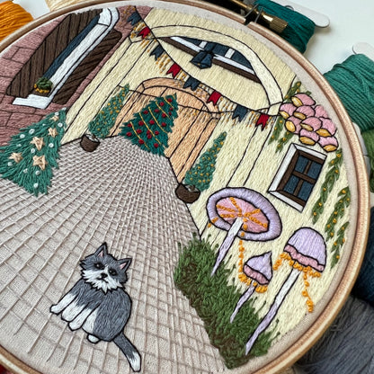 Festive Street and a Cat - Hand Embroidery Pattern (PDF)