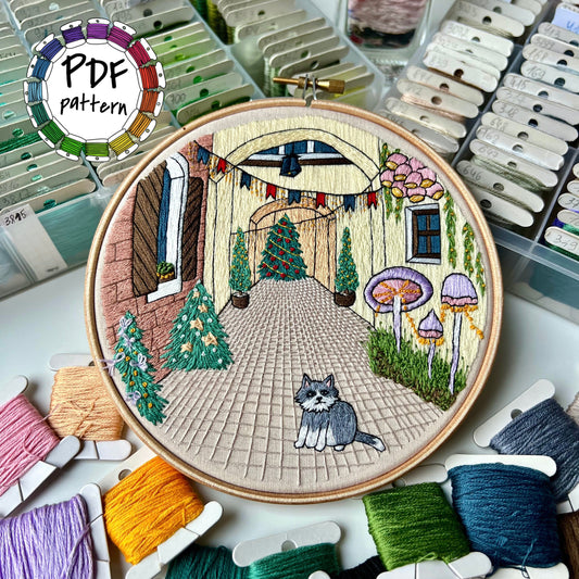 Festive Street and a Cat - Hand Embroidery Pattern (PDF)
