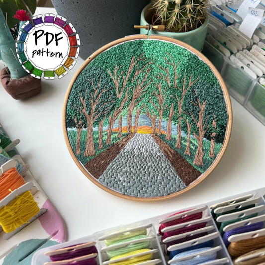 Trees, Road, and Sunset - Hand Embroidery Pattern (PDF)
