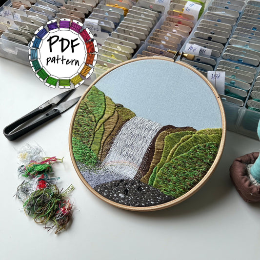 Waterfall, Skogafoss, Iceland - Hand Embroidery Pattern (PDF)
