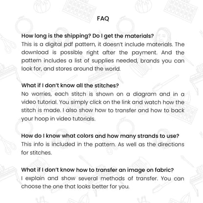 FAQ section on a digital pdf pattern with text about shipping, materials, and tutorials.