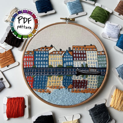 Nyhavn, Copenhagen, Denmark, Cityscape - Hand Embroidery Pattern (PDF)