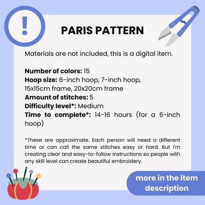 Paris, France, Cityscape - Hand Embroidery Pattern (PDF)