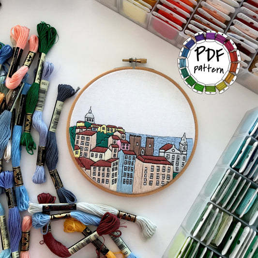 Embroidery hoop with cityscape design surrounded by embroidery threads and tools on a white background.