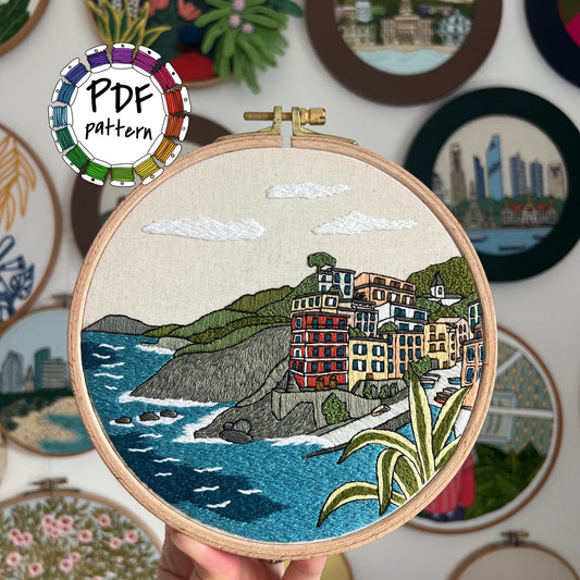 Riomaggiore, Italy, Harbor - Hand Embroidery Pattern (PDF)