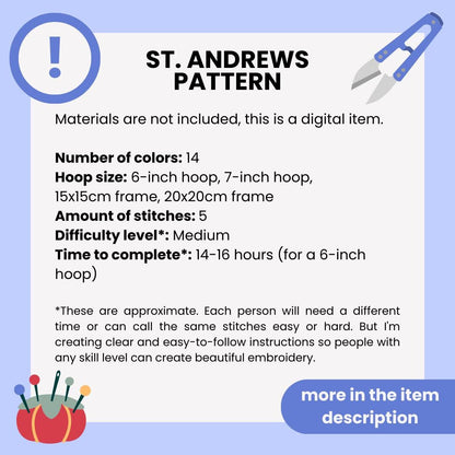 St. Andrews, United Kingdom, Landmarks - Hand Embroidery Pattern (PDF)