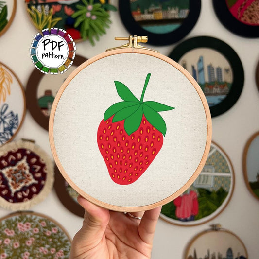 Strawberry hand embroidery pattern PDF, beginner-friendly, with colorful design in a hoop.
