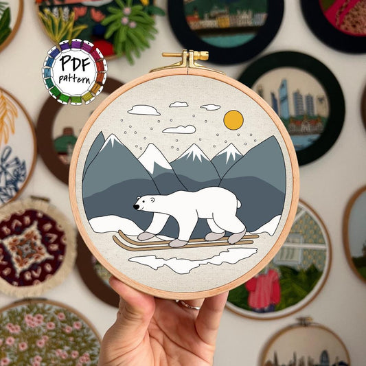 Polar Bear, Skiing - Hand Embroidery Pattern (PDF)