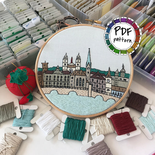 Zurich, Switzerland, Cityscape - Hand Embroidery Pattern (PDF)