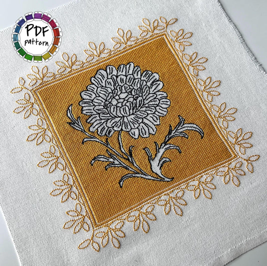 Assisi Flower hand embroidery pattern in PDF with bold negative-space design.