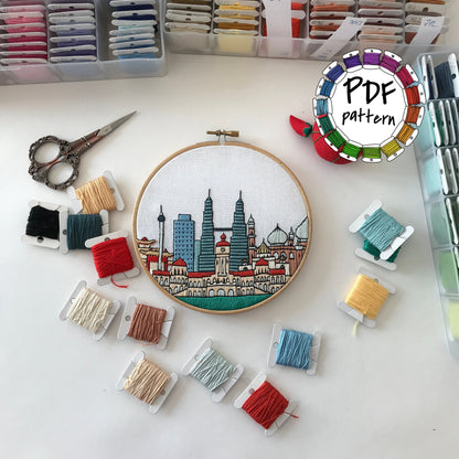 Kuala Lumpur, Malaysia, Cityscape - Hand Embroidery Pattern (PDF)